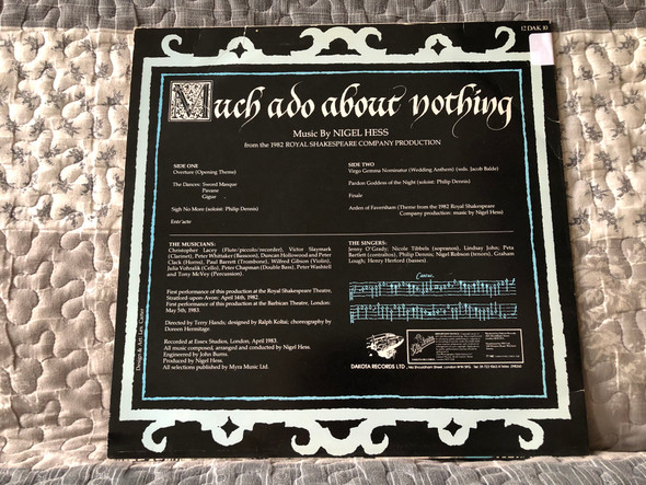 Much Ado About Nothing - Music By Nigel Hess, from the 1982 Royal Shakespeare Company Production / Dakota LP 1982 / 12 DAK 10
