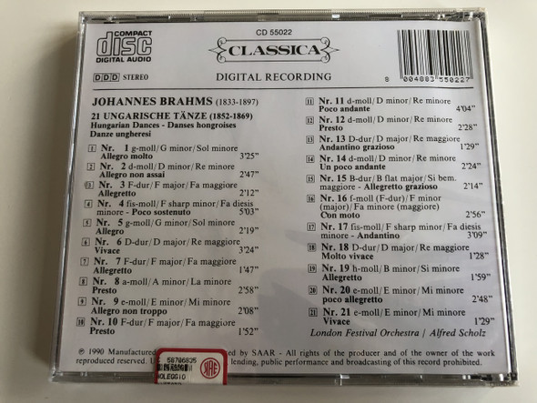 Johannes Brahms - 21 Ungarische Tänze - Hungarian Dances - Magyar táncok - Digital Recording / Classica / Audio CD 1990 / London Festival Orchestra / Alfred Scholz