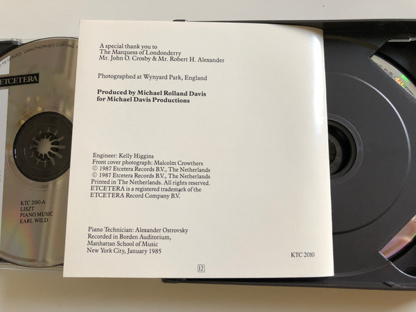 Liszt - Sonata in B Minor, Polonaise No. 2, Etudes de Concert, Transcendental Etudes, Hungarian Rhapsodies Nos 4, 12 & 2 / Performed by Earl Wild, piano / Produced by Michael Rolland Davis / Etcetera / KTC 2010 / 2 CD