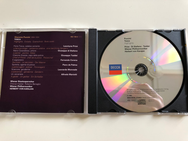 Puccini - Tosca / Highlights / Leontyne Price, Giuseppe Di Stefano, Giuseppe Taddei / Vienna Philharmonic Orcherstra / Conducted by Herbert von Karajan / Audio CD / Decca / 452728-2 (028945272825)