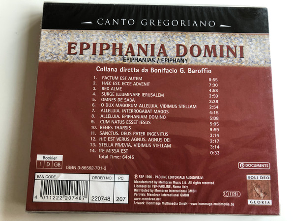 Canto Gregoriano - Epiphania Domini / Solennitá Dell' Epifania / Stirps Iesse - Direttore Enrico de Capitani / Epiphany / Collana diretta da Bonifacio G. Baroffio / Audio CD 1996 / FSP-Paoline (4011222207487)