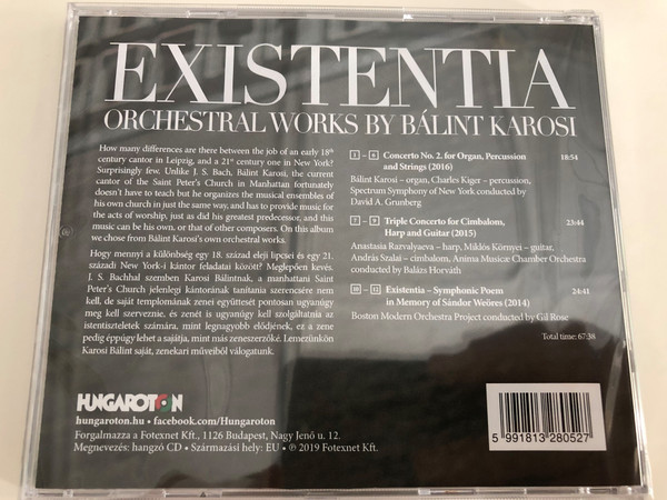 Existentia / Orchestral Works by Bálint Karosi / Hungaroton / Audio CD 2019 (5991813280527)