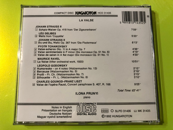 La Valse / J. Strauss, Delibes, Tchaikovsky, Ravel, Godowsky, Gounod-Liszt / Ilona Prunyi piano / Hungaroton Classic / Audio CD 1992 / HCD 31435 (5991813143525)