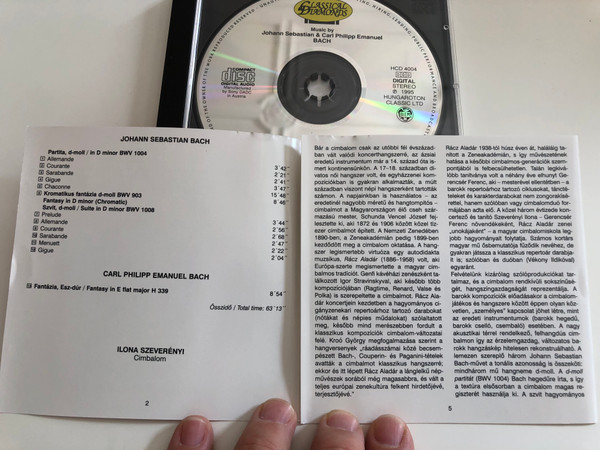 Johann Sebastian Bach - Partita in D minor BWV 1004, Fantasy in D minor (Chromatic) BWV 903, Suite in D minor BWV 1008 / Carl Philipp Emanuel Bach - Fantasy in E flat major / Ilona Szeverényi cymbal / Hungaroton / Audio CD 1995 / HCD 4004 (5991810400423)