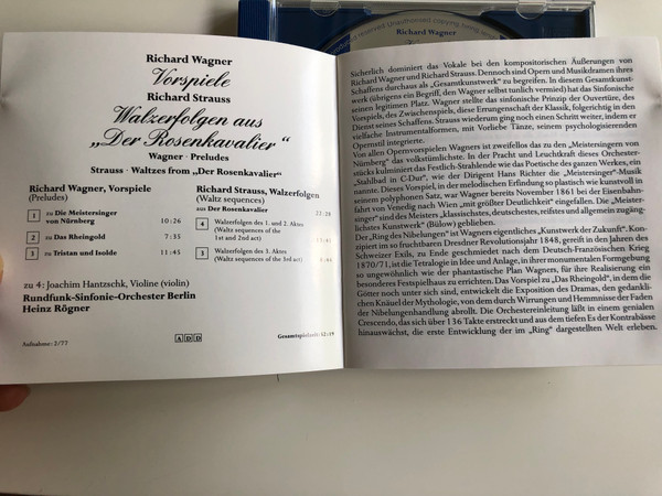 Richard Wagner Vorspiele / Richard Strauss Walzer aus "Der Rosenkavalier" / Wagner - preludes / Joachim Hantzschk violin, Rundfunk-Sinfonie-Orchester Berlin / Conducted by Heinz Rögner / Audio CD 1990 (4101380151316)