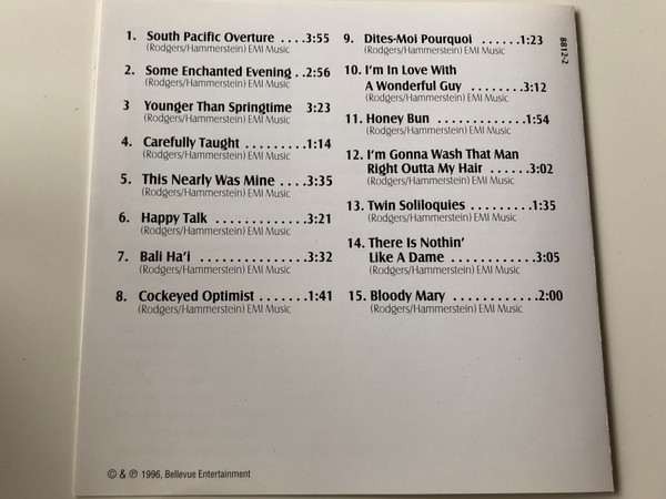 South Pacific Musical Collection / Includes Some enchanted evening, Younger than Springtime, Happy Talk, Bali Ha'i / Audio CD 1996 / Bellevue (5703976102444)