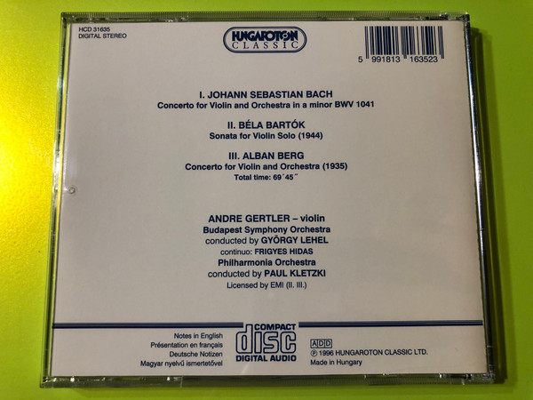 Bach – Bartók – Berg: André Gertler Violin Interpretations (Hungaroton Audio CD 1996) (5991813163523)
