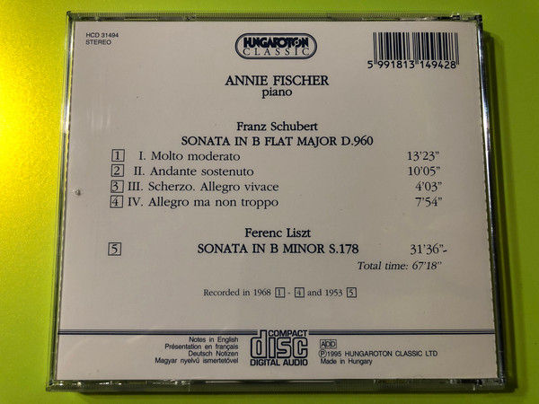 Schubert Sonata in B Flat Major D.960 / Liszt Sonata in B minor / Annie Fischer piano / Hungaroton Classic Audio CD 1995 / HCD 31494 (5991813149428)