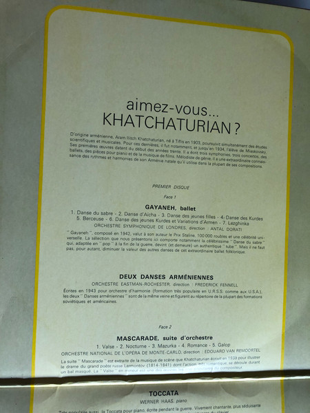 Aimez - Vous...Khatchaturian? / Twin Set / Premier Disque - Gayaneh, La Danse Du Sabre, Deux Danses Armeniennes / Second Disque - Concerto Pour Violon, Adagio De Spartacus Et Phrygie, Danse Des Boucliers / PHILIPS 2x LP STEREO / 6702 016 