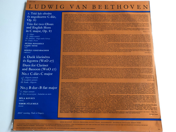 Ludwig Van Beethoven ‎– Trio For Two Oboes And English Horn In C Major, Op. 87 / Duos for Clarinet and Bassoon NOS 1 and 3 WOO 27 / HUNGAROTON LP STEREO - MONO / LPX 11565