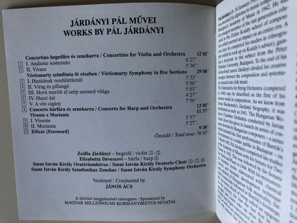 Pál Járdányi - Concertion for Violin and Orchestra / Vörösmarty Symphony / Concerto for Harp and Orchestra / Vivente e moriente - Preface / Hungaroton Classic Audio CD 2000 / HCD 31742 (5991813174222)