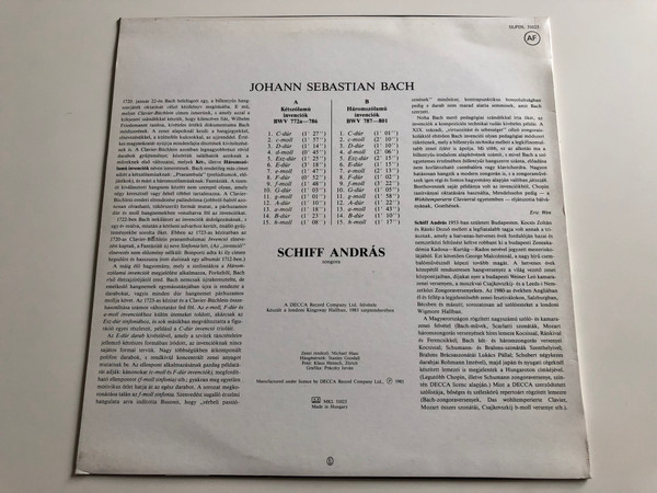 J. S. Bach - Tizenöt Kétszólamú Invenció / Tizenöt Háromszólamú Invenció / Schiff András / HUNGAROTON LP DIGITAL STEREO / SLPDL 31023