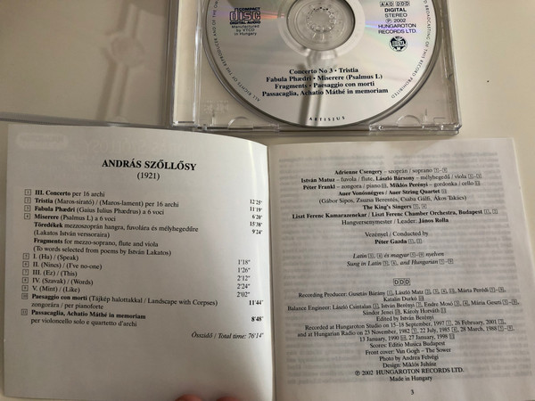 András Szőllősy - Concerto no 3, Tristia, Fabula Phædri, Miserere (Psalmus L) / Hungaroton Classic Audio CD 2002 / HCD 31727 (5991813172723)