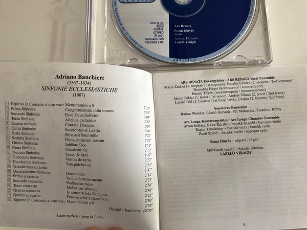 Adriano Banchieri - Sinfonie Ecclesiastiche / Ars Renata / Soma Dinyés organ, László Virágh artistic director / Hungaroton Classic Audio CD 2004 / HCD 32194 (5991813219428)
