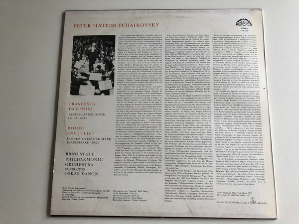 Tchaikovsky - Romeo And Juliet / Francesca Da Rimini / Conducted: Oskar Danon / Brno State Philharmonic Orchestra / SUPRAPHON LP STEREO / 1 10 2426