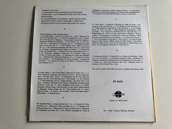 Béla Bartók ‎– Introductory Record / Works Of Bella Bartok on thirty seven records / Complete Edition / HUNGAROTON LP / EP 21473