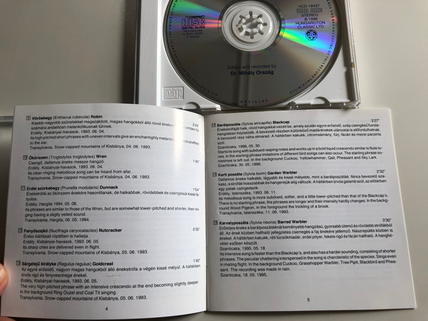  Bird Songs From the Carpathian Basin / Recorded by Dr. Mihály Ország / Madárénekek a Kárpát-medencéből / Hungaroton Classic Audio CD 1996 / HCD 19437 (5991811943721)