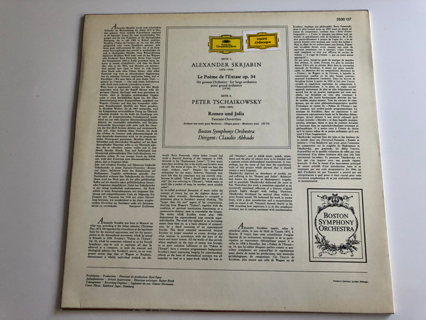 Skrjabin - Le Poème De L'Extase / Tschaikowsky - Romeo Und Julia / Boston Symphony Orchestra / Conducted: Claudio Abbado / Deutsche Grammophon LP STEREO / ‎2530 137