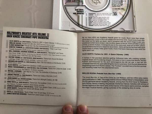 Hollywood's Greatest Hits Volume 2 / Themes from Ben-Hur, Spartacus, Zorba the Greek, Far and Anway, Dances with Wolves, Grand Canyon / Cincinnati Pops Orchestra / Conducted by Erich Kunzel / Telarc CD 80319 / Audio CD 1993 (089408031922)