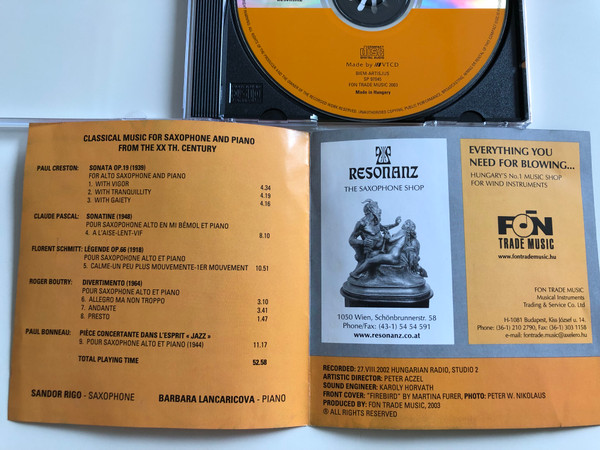 Classical Music for Saxophone and Piano From the XX Th. Century / Sandor Rigo saxophone, Barbara Lancaricova piano / Audio CD 2003 / Resonanz SP 97045 (SP97045)