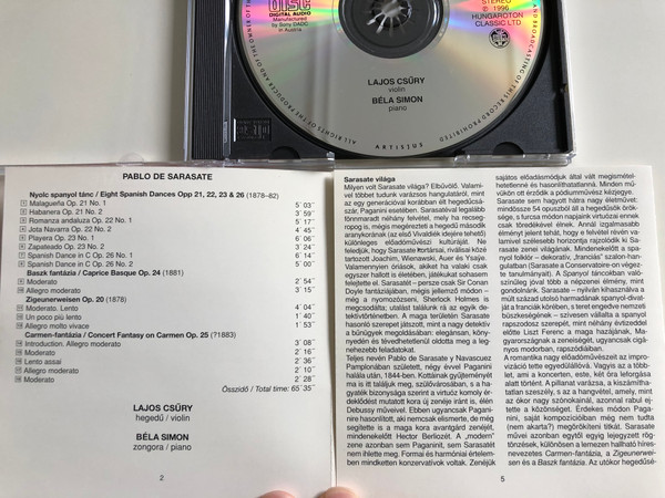 Sarasate - Eight Spanish Dances / Caprice Basque, Zigeunerweisen / Concert Fantasy on Carmen / Lajos Csűry violin, Béla Simon piano / Classical Diamonds / CLD 4007 Hungaroton Classic 1996 (5991810400720)