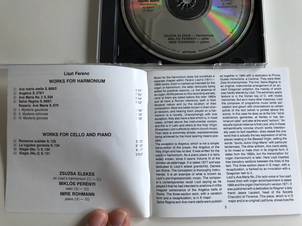 Liszt Ferenc - Works for Harmonium, Works for Cello and Piano / Zsuza Elekes on Liszt's Harmonium / Miklós Perényi, Imre Rohmann / Hungaroton Audio CD 1987 / HCD 12768 (HCD 12768)