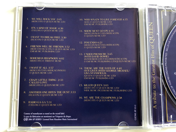 A tribute to the greatest hits of QUEEN / Performed By Forever Rock / Including - Bohemian Rhapsody, We are the Champions, Crazy Little thing called Love / BIEM Audio CD 2004 / SP 111-2
