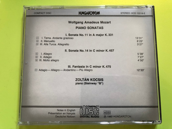 Mozart - Piano Sonatas / Zoltán Kocsis ‎/ Hungaroton Audio CD Stereo 1980 / HCD 12219-2 