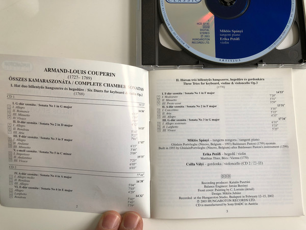 Armand-Louis Couperin - Complete Chamber Sonatas / Duets and Trios for Keyboard Instrument, Violin & Violoncello / Tangent Piano: Miklos Spanyi, Violin: Erika Petofi, Violoncello: Csilla Valyi / Hungaroton 2X Audio CD 2003 Stereo / HCD 32143-44