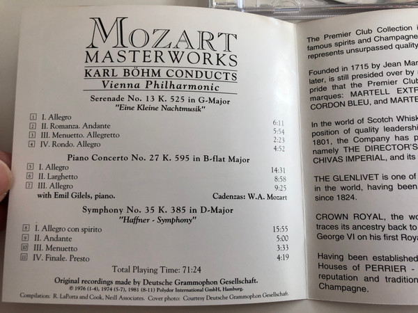 Mozart - Masterworks / Limited Edition Vol.3 / Conducted: Karl Bohm / Vienna Philharmonic / Premier Club Collection Audio CD 1992 / PCC 003