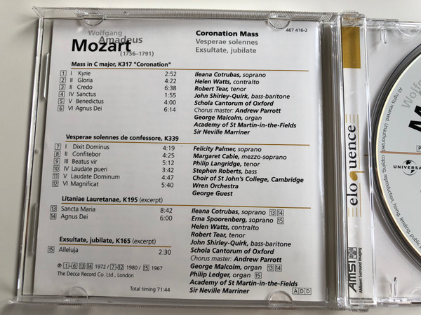 Wolfgang Amadeus Mozart - Coronation Mass, Vesperae solennes, Exsultate,jubilate / Cotrubas, Watts, Tear, Shirley-Quirk, Academy of St Martin-in-the-Fields, Sir Neville Marriner / DECCA Audio CD / 467 416-2