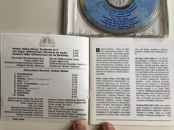 Anton Julius Hiray Graduale in C / Jan Egry Offertorium (Domine ex audi), Andreas Bibl Offertorium (In te Domine) / Musica Urbis Banska Bystrica / Gioacchino Rossini Stabat Mater / Musica Urbis Audio CD 1992 / MU-I 001