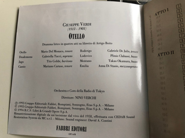 Opera / Giuseppe Verdi – Otello con Mario Del Monaco, Gabriella Tucci, Tito Gobbi, Mariano Caruso, Gabriele De Julis / Orchestra e Coro Della Radio Di Tokyo / Direttore: Nino Verchi / Fabbri Editori 2x Audio CD 1993 / OP 1A/1B