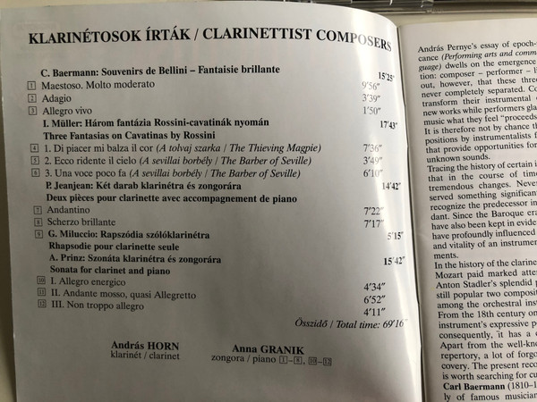 Clarinettist Composers / Muller, Baermann, Jeanjean, Miluccio, Prinz / Clarinet: Andras Horn / Piano: Anna Granik / Hungaroton Classic Audio CD 2004 Stereo / HCD 32309