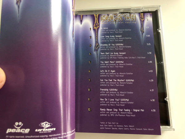 Mark' Oh ‎– Never Stop That Feeling / Peace Records Audio CD 1995 / 527 127-2