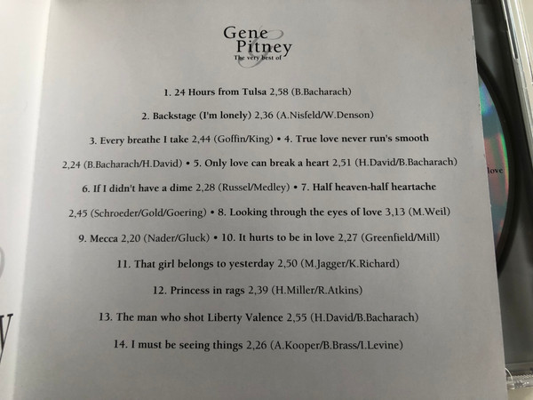 Gene Pitney - The Very Best Of 24 Hours from Tulsa, Backstage (I'm Lonely), Only love can break a heart, It hurts to be in love, Tha man who shot Liberty Valence / Wise Buy Audio CD 1998 / WB 885532