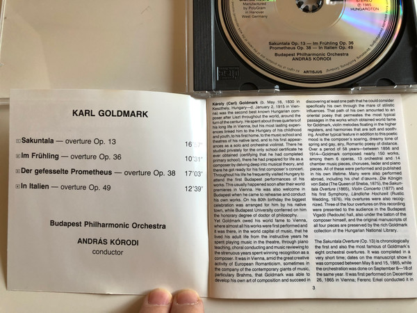 Karl Goldmark ‎– Overtures: Sakuntala, Im Frühling, Prometheus, In Italien / Budapest Philharmonic Orchestra, András Kórodi / Hungaroton Audio CD 1985 Stereo / HCD 12552-2