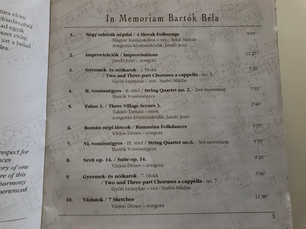 In Memoriam Bartók Béla / Sound Express ‎Audio CD 1995 / GCD-951
