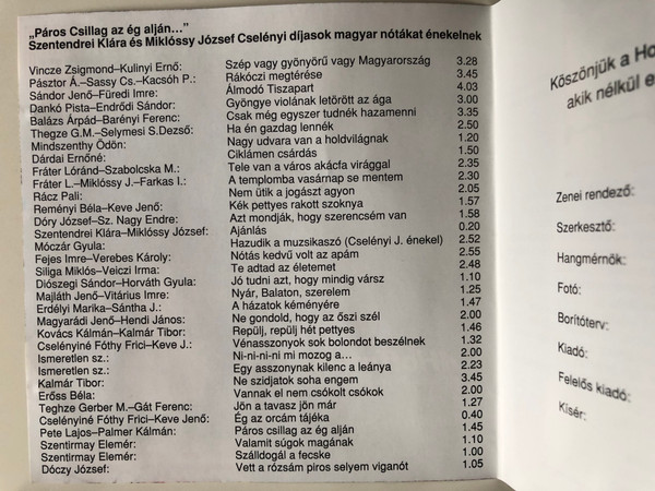 Paros Csillag Az Eg Aljan... / A Hoffmann / Hungarian Songs / Kalman Olah and Gipsy band / Klara Szentendrei, Jozsef Miklossy / Moni & Fanni Bt. Audio CD / MFCD 001