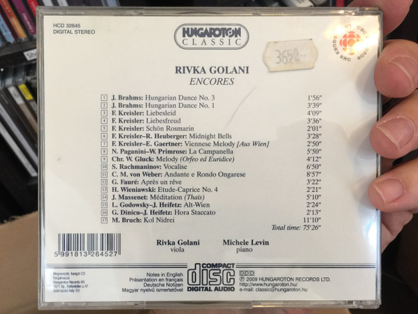 Rivka Golani - Viola Encores / Michele Levin - piano / Hungaroton Classic Audio CD 2009 Stereo / HCD 32645
