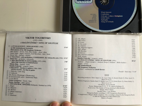 Viktor Togobitsky - Song of Solitude / Wind Quintet, Confession, Aria, Little Suite, Epitaphs, Song of Solitude / Hungaroton Classic Audio CD 2009 Stereo / HCD 32631
