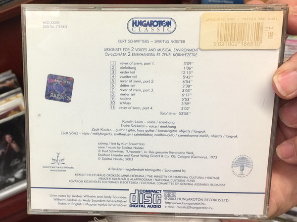 Kurt Schwitters, Spiritus Noister ‎– Ursonate For 2 Voices And Musical Environment / Hungaroton Classic Audio CD 2003 Stereo / HCD 32259