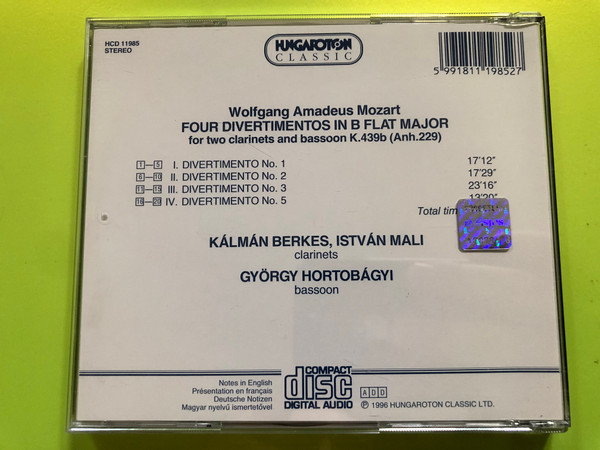 Mozart - 4 Divertimetos K. 439b / Kálmán Berkes, István Mali - clarinets, György Hortobágyi ‎– bassoon / Hungaroton Classic ‎Audio CD 1996 Stereo / HCD 11985 (5991811198527)