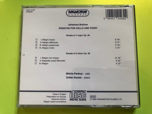 Brahms - Sonatas For Cello And Piano / Miklós Perényi, Zoltán Kocsis ‎/ Hungaroton Audio CD 1980 / HCD 12123 (5991811212322)