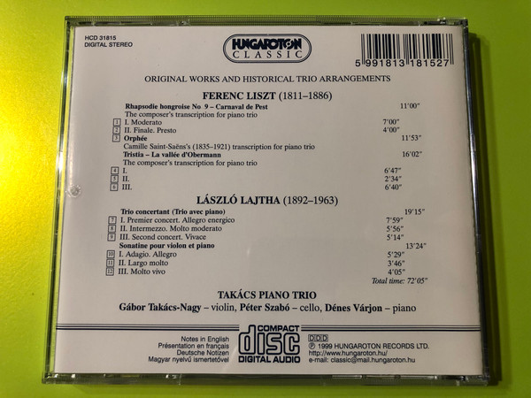 Liszt & Lajtha - Piano Trios / Lajtha Sonatine Op. 13 / Takacs Piano Trio / Hungaroton Classic Audio CD 1999 Stereo / HCD 31815 (5991813181527)