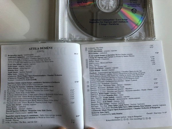 Attila Demeny - 5 Songs Parafarm / Unfinished Conjugation, Love Songs, Bagatelles for soprano and cimbalom / Hungaroton Classic Audio CD 2002 Stereo / HCD 32136