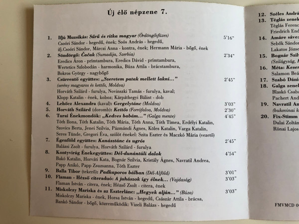 Új Élő Népzene 7. = Living Village Music / Táncház Egyesület ‎Audio CD 2001 / FMVMCD 007