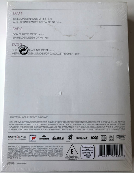 Richard Strauss - Tone Poems 3 DVD Box 2007 / Conducted by Herbert von Karajan - Berliner Philharmoniker / Eine Alpensinfonie, Also Sprach Zarrathustra, Don Quixote, Ein Heldenleben, Tod und Verklärung, Metamorphosen / Sony BMG (886971954692)