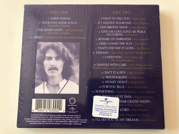 Concert For George / Celebrating the life and music of George Harrison, With performances by Eric Clapton, Jeff Lynne, Paul McCartney, Tom Petty, Monty Python, Ravi & Anoushka Shankar and Ringo Starr / Concord Music 2x ‎Audio CD 2018 / 0888072030022