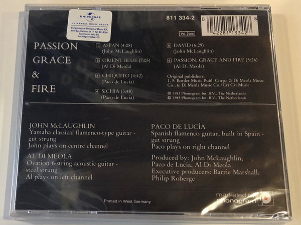 Passion Grace & Fire - John McLaughlin, Al Di Meola, Paco De Lucia / Phonogram Int. ‎Audio CD 1983 / 811 334-2